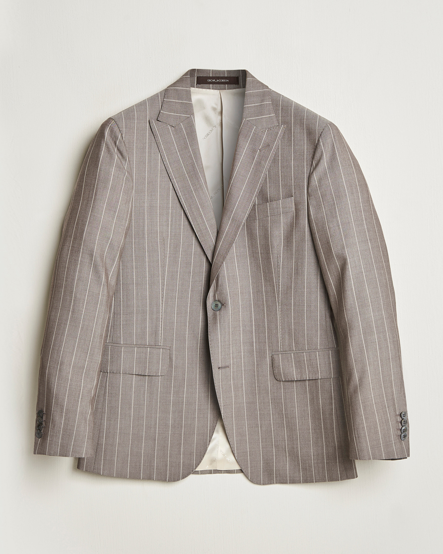 Homme | Blazers | Oscar Jacobson | Faron Striped Super 130s Wool Blazer Beige