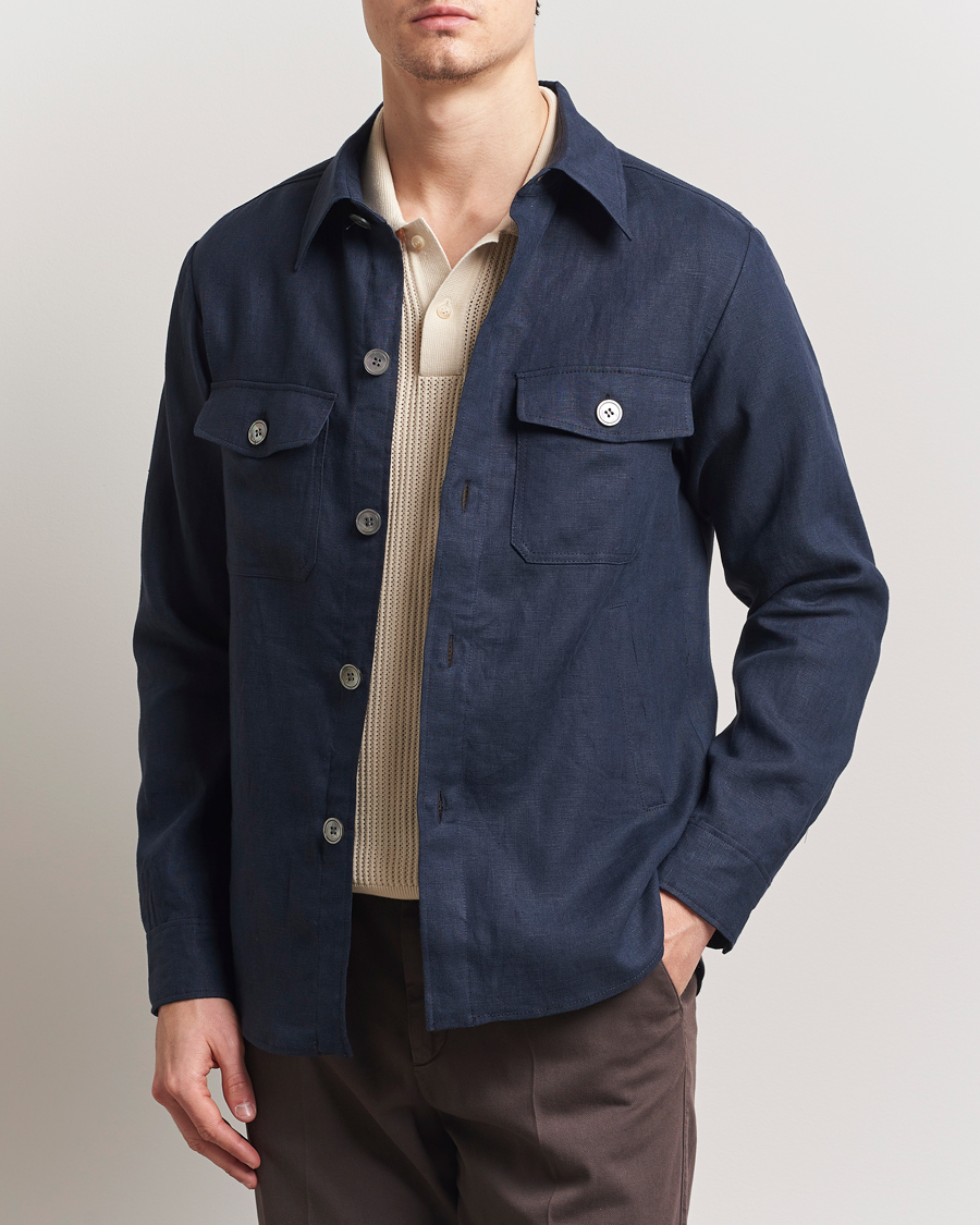 Homme | Chemises | Oscar Jacobson | Maverick Linen Shirt Jacket Navy