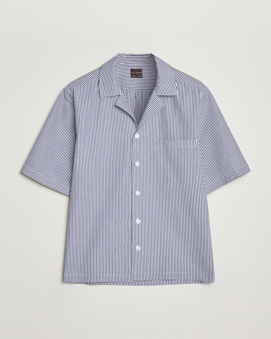 Homme | Chemises | Oscar Jacobson | Cuban Short Sleeve Seersucker Shirt Blue/White