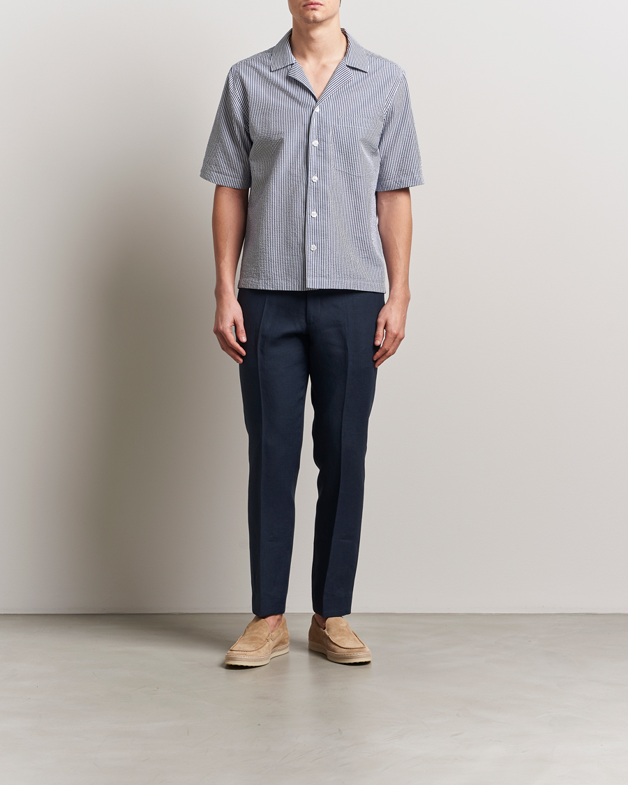 Homme | Chemises | Oscar Jacobson | Cuban Short Sleeve Seersucker Shirt Blue/White