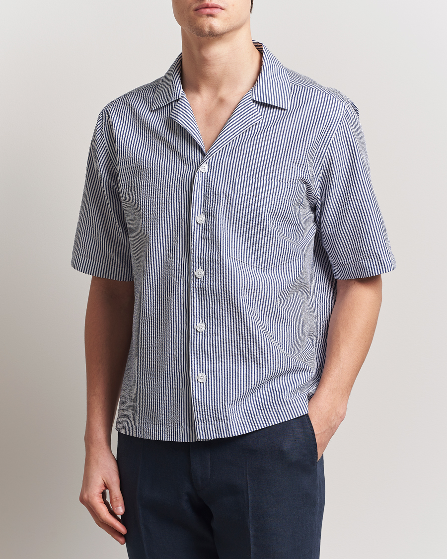 Homme | Chemises | Oscar Jacobson | Cuban Short Sleeve Seersucker Shirt Blue/White