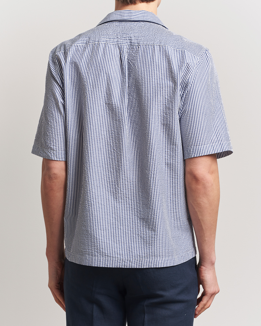 Homme | Chemises | Oscar Jacobson | Cuban Short Sleeve Seersucker Shirt Blue/White