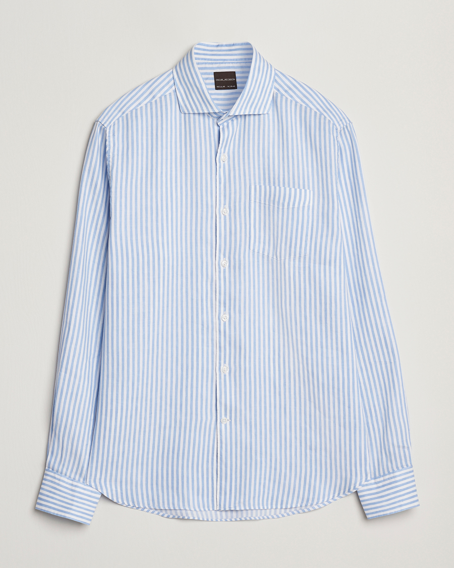 Homme | Chemises | Oscar Jacobson | Wide Spread Linen/Cotton Venetian Stripe Shirt Blue