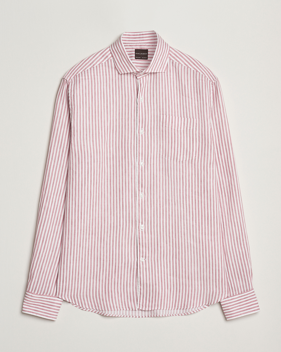 Homme | Chemises | Oscar Jacobson | Wide Spread Linen/Cotton Venetian Stripe Shirt Red