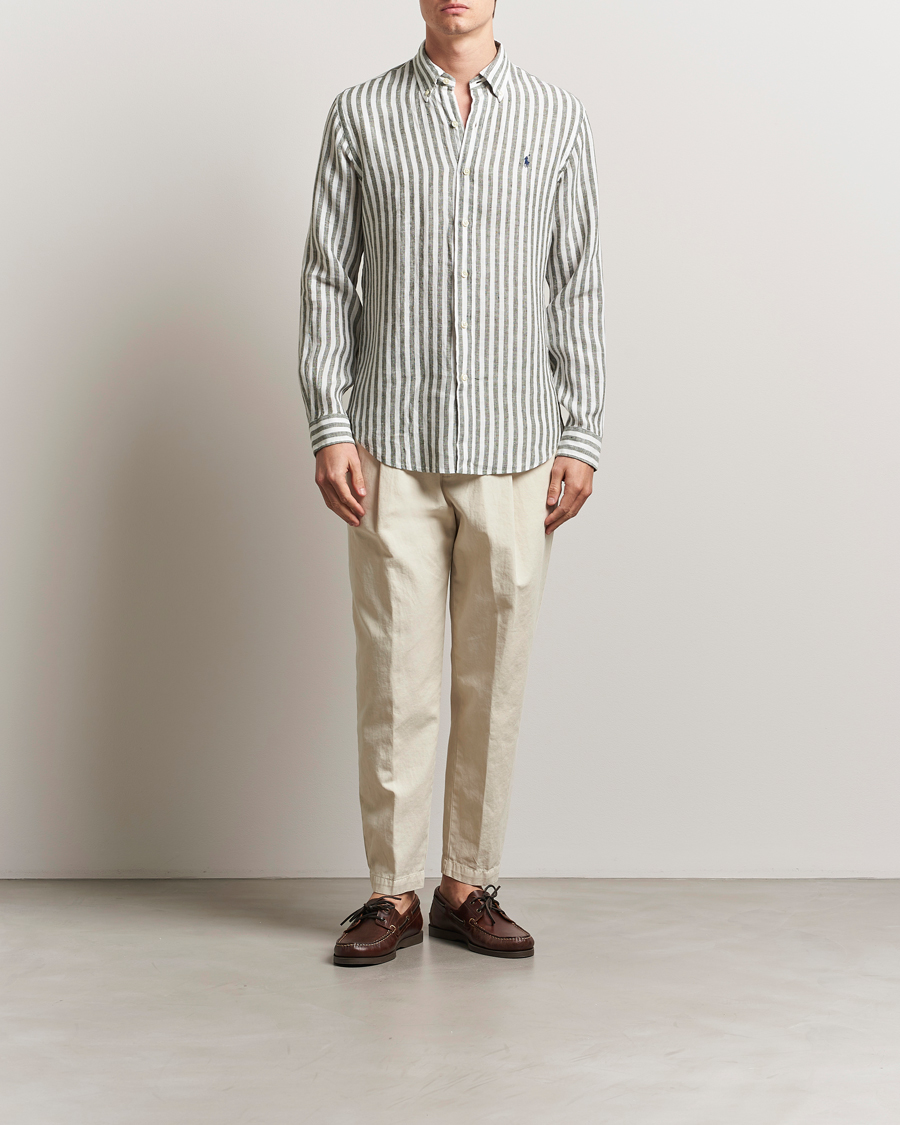 Homme | Chemises | Polo Ralph Lauren | Custom Fit Striped Linen Shirt New Olive/White