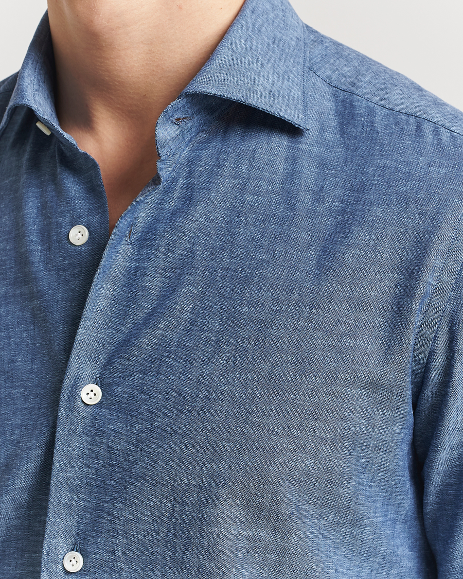 Homme | Chemises | Mazzarelli | Soft Linen Cut Away Shirt Dark Blue