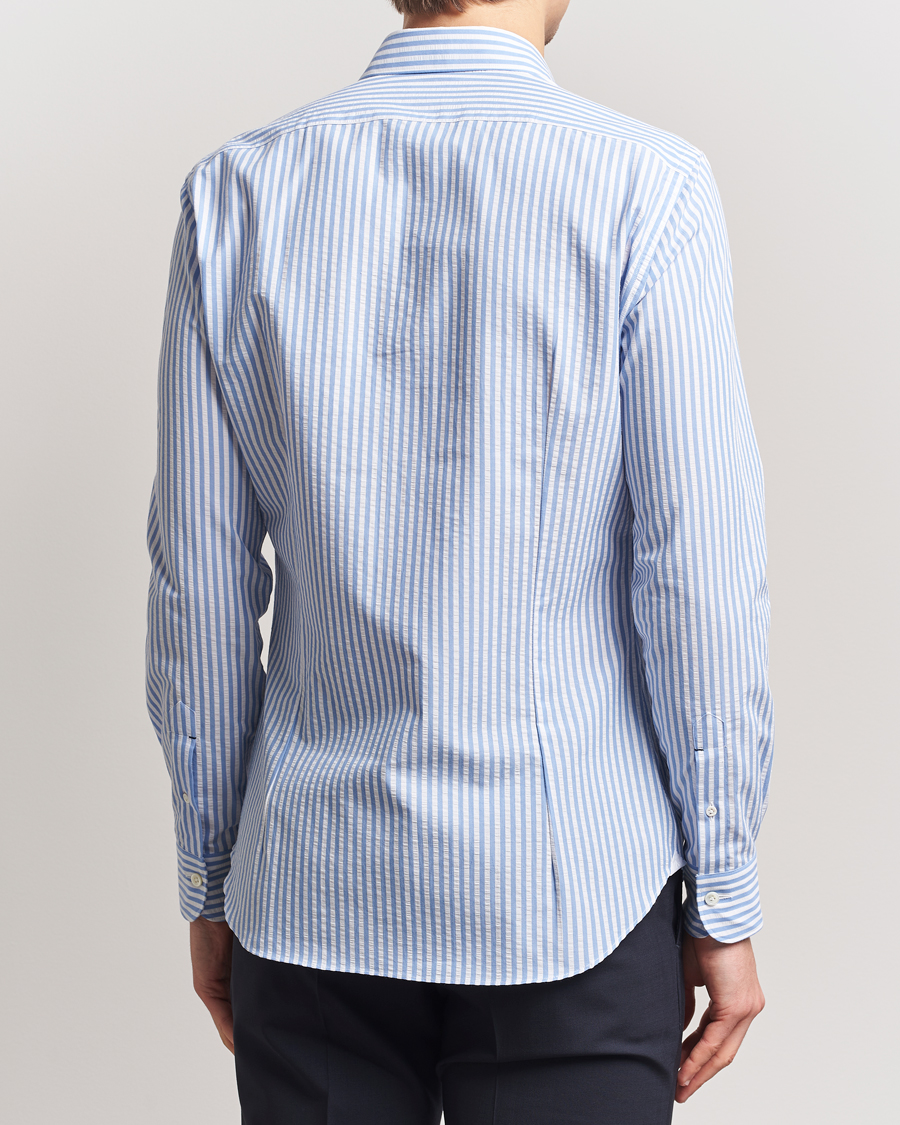 Homme | Chemises | Mazzarelli | Soft Cotton Seersucker Shirt Light Blue Stripe