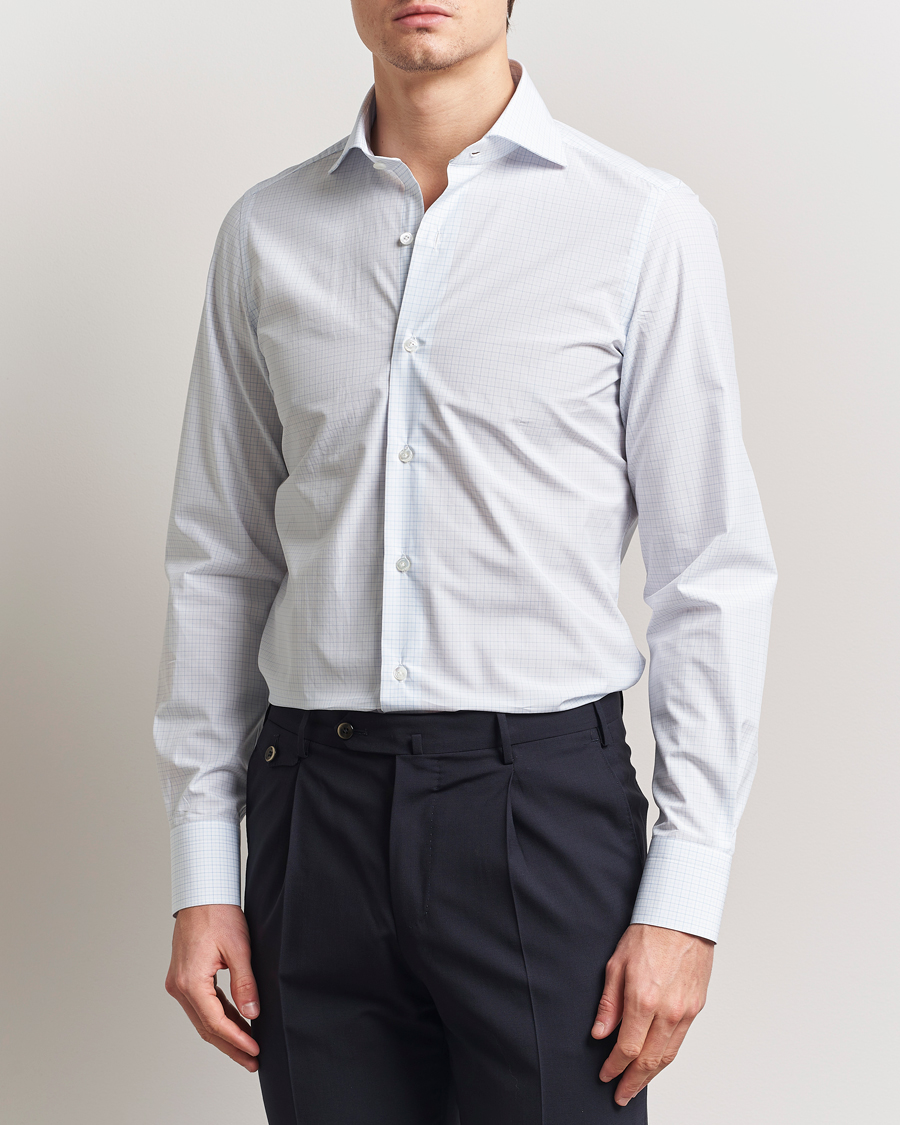 Homme | Chemises | Finamore Napoli | Milano Slim Popeline Check Shirt Light Blue