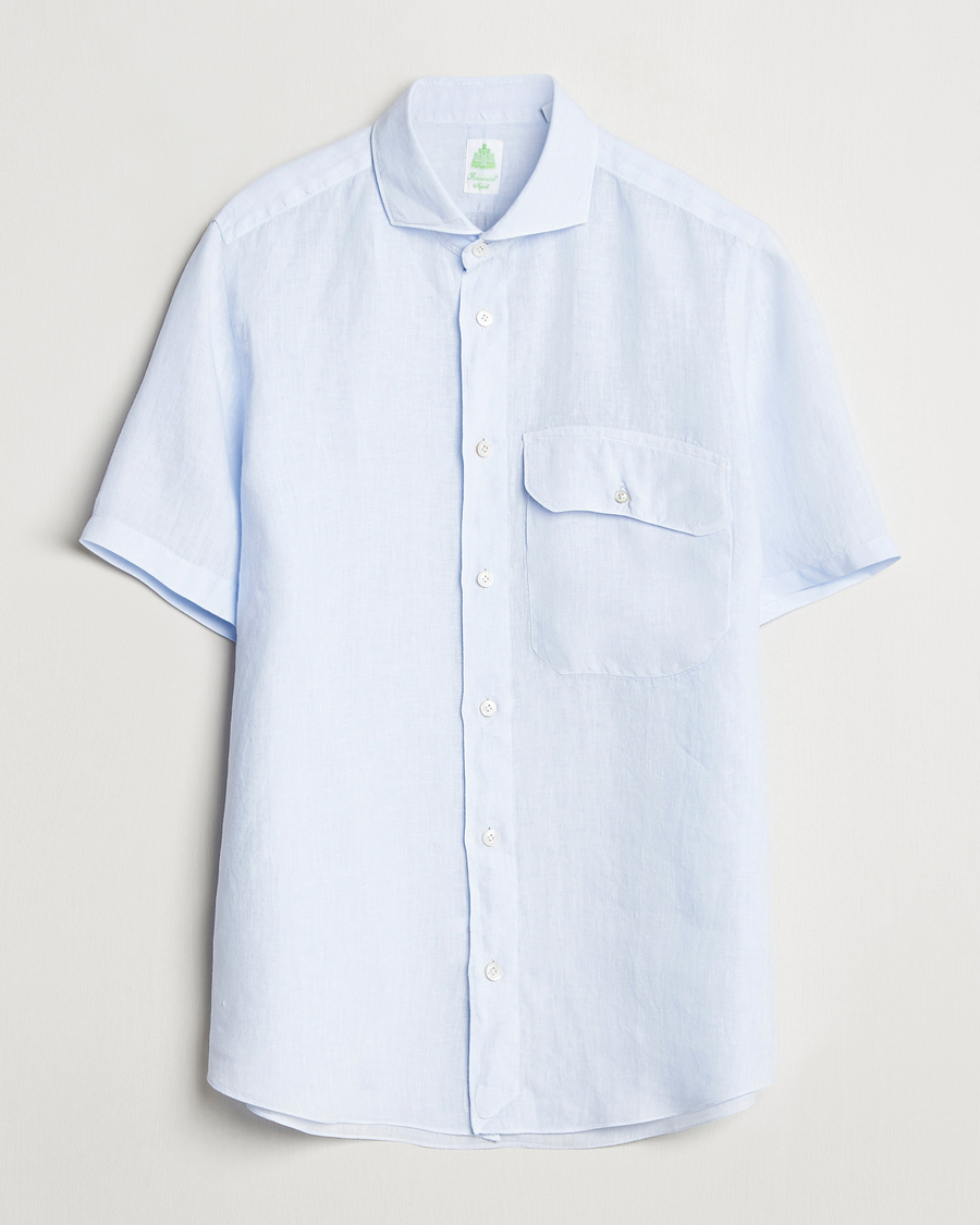 Homme | Chemises | Finamore Napoli | Linen Short Sleeve Sport Shirt Light Blue