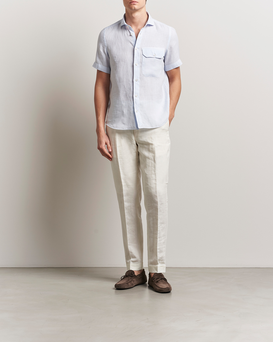 Homme | Chemises | Finamore Napoli | Linen Short Sleeve Sport Shirt Light Blue