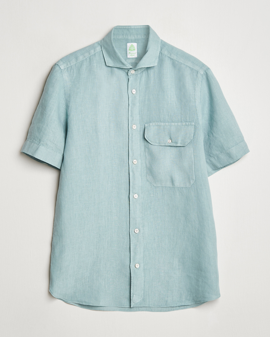 Homme | Chemises | Finamore Napoli | Linen Short Sleeve Sport Shirt Teal