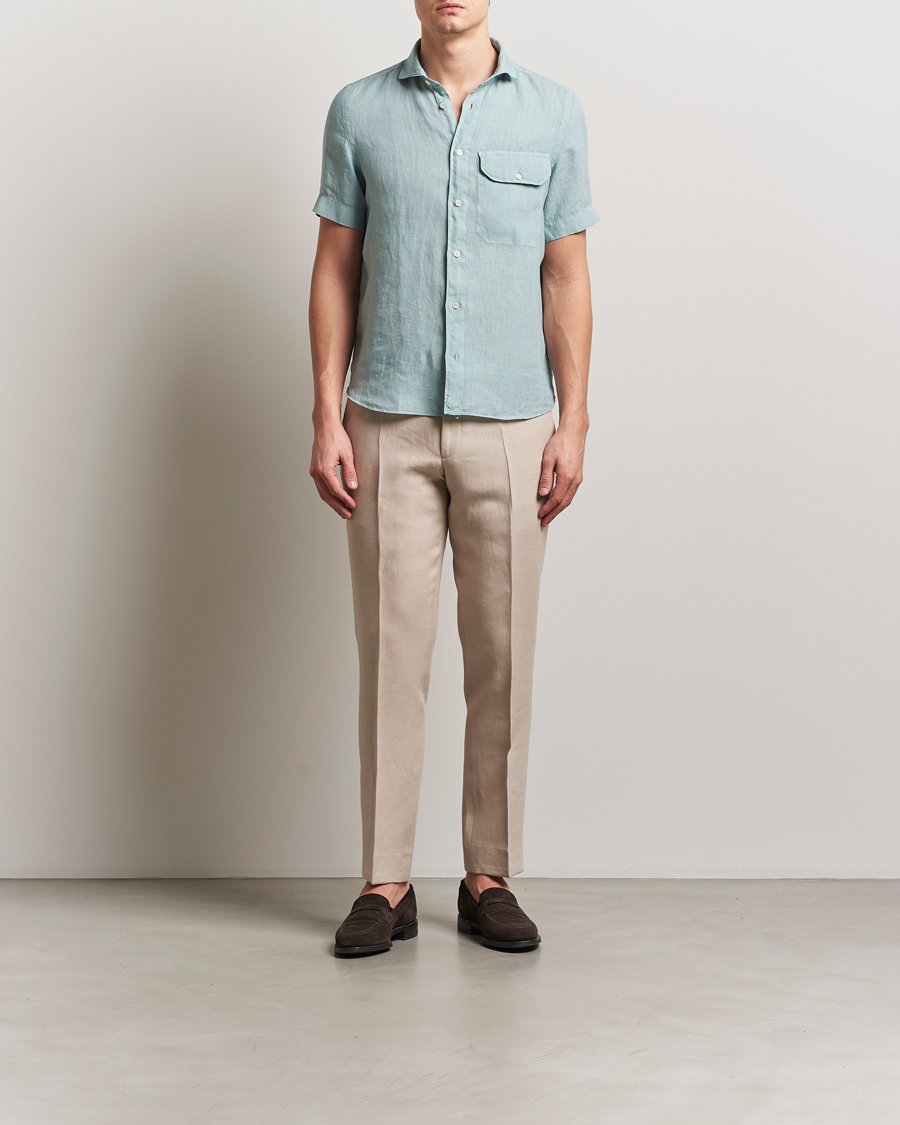 Homme | Chemises | Finamore Napoli | Linen Short Sleeve Sport Shirt Teal