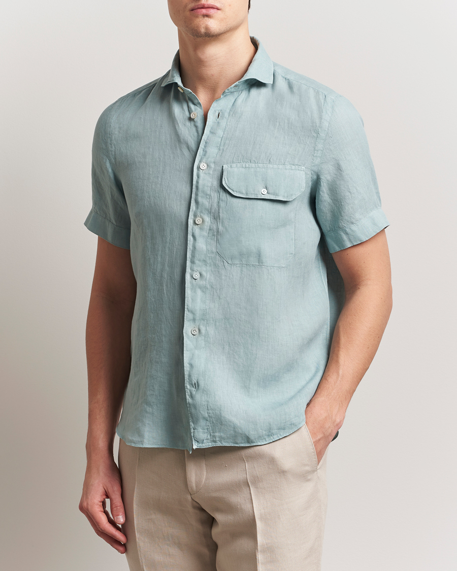 Homme | Chemises | Finamore Napoli | Linen Short Sleeve Sport Shirt Teal