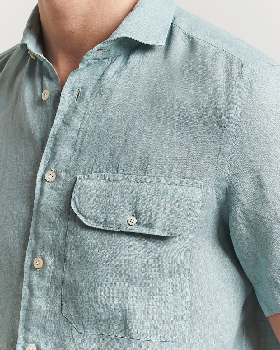 Homme | Chemises | Finamore Napoli | Linen Short Sleeve Sport Shirt Teal
