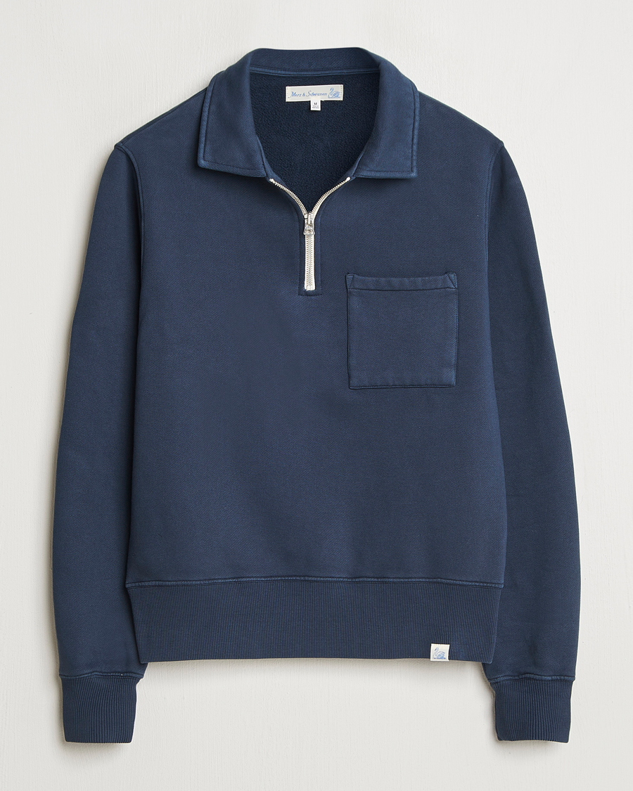 Homme | Pulls Et Tricots | Merz b. Schwanen | Relaxed Fit Vintage Fleece Half Zip Sweat Denim Blue