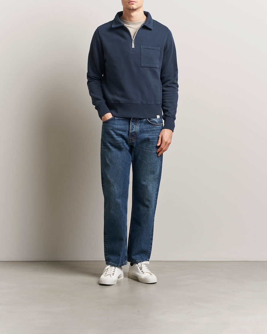 Homme | Pulls Et Tricots | Merz b. Schwanen | Relaxed Fit Vintage Fleece Half Zip Sweat Denim Blue