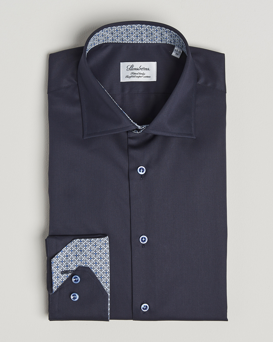 Homme | Chemises | Stenströms | Fitted Body Contrast Cotton Twill Shirt Navy
