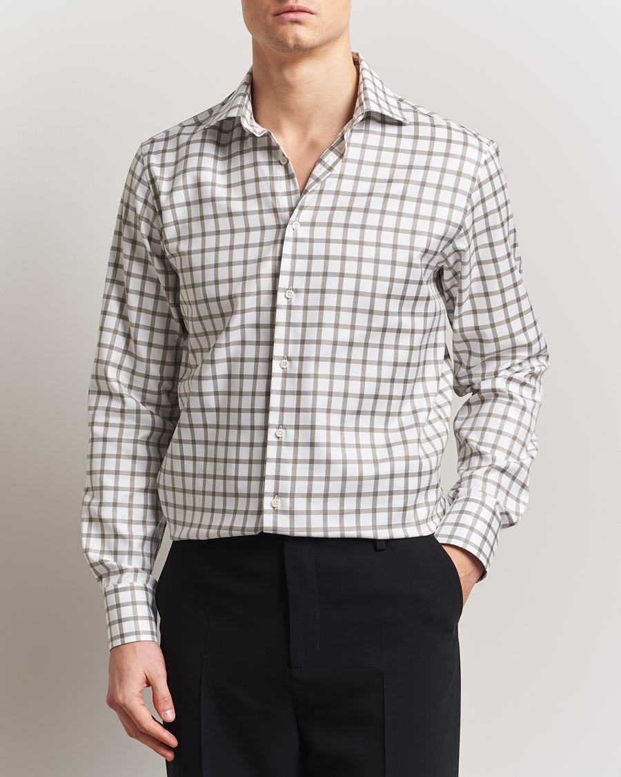 Homme | Chemises | Stenströms | Fitted Body Checked Cut Away Shirt Taupe/White