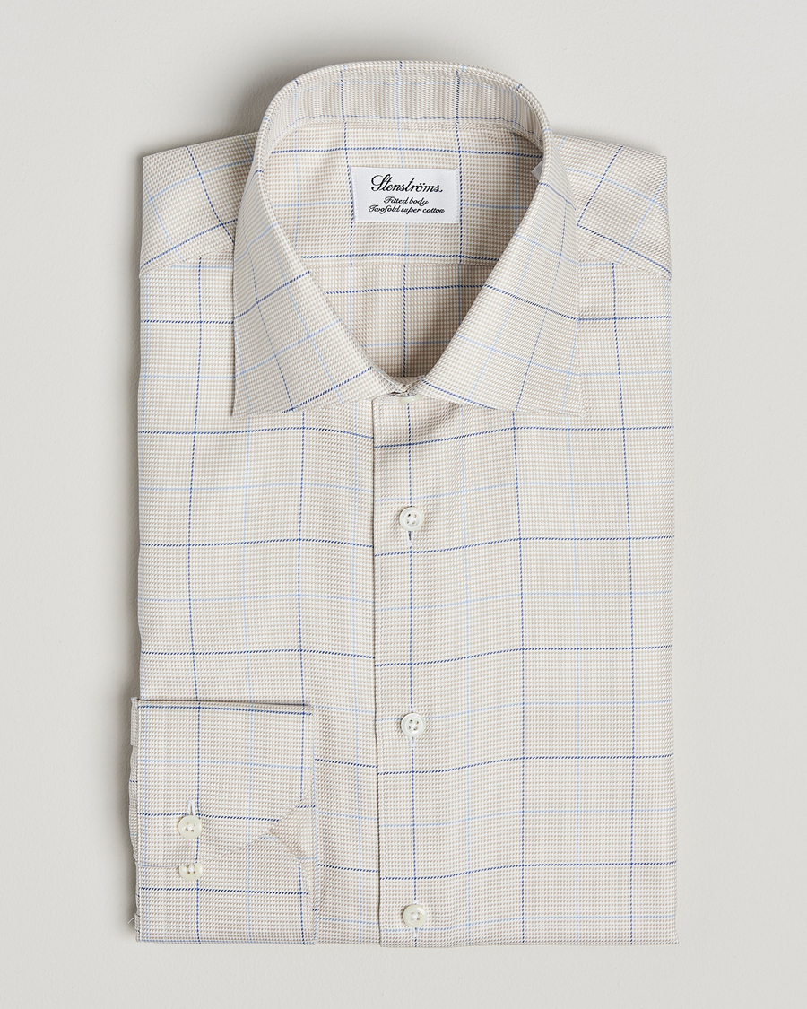 Homme | Chemises | Stenströms | Fitted Body Checked Houndstooth Shirt Taupe