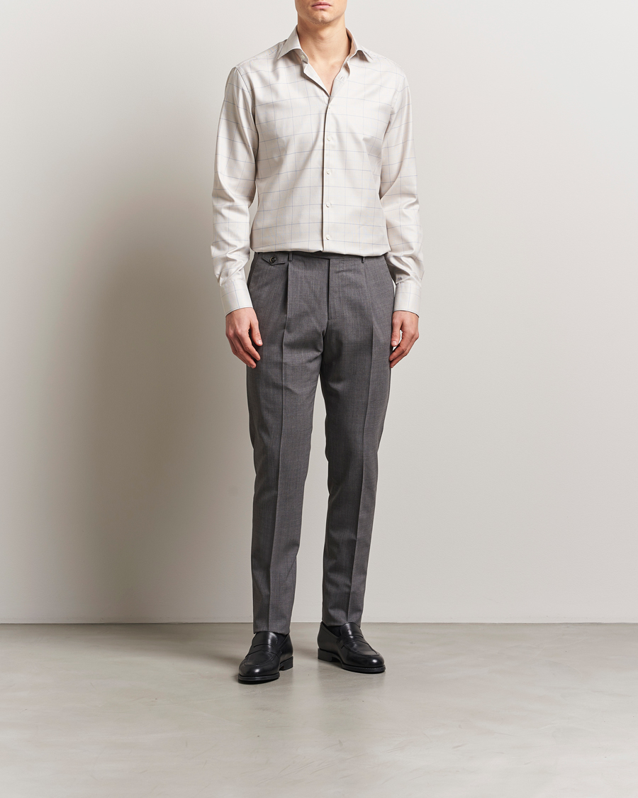 Homme | Chemises | Stenströms | Fitted Body Checked Houndstooth Shirt Taupe