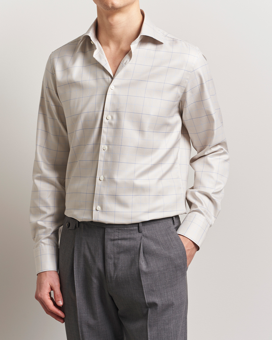 Homme | Chemises | Stenströms | Fitted Body Checked Houndstooth Shirt Taupe