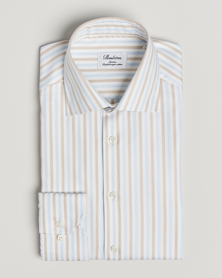 Homme | Chemises | Stenströms | Slimline Multi Striped Twill Shirt Blue/Beige