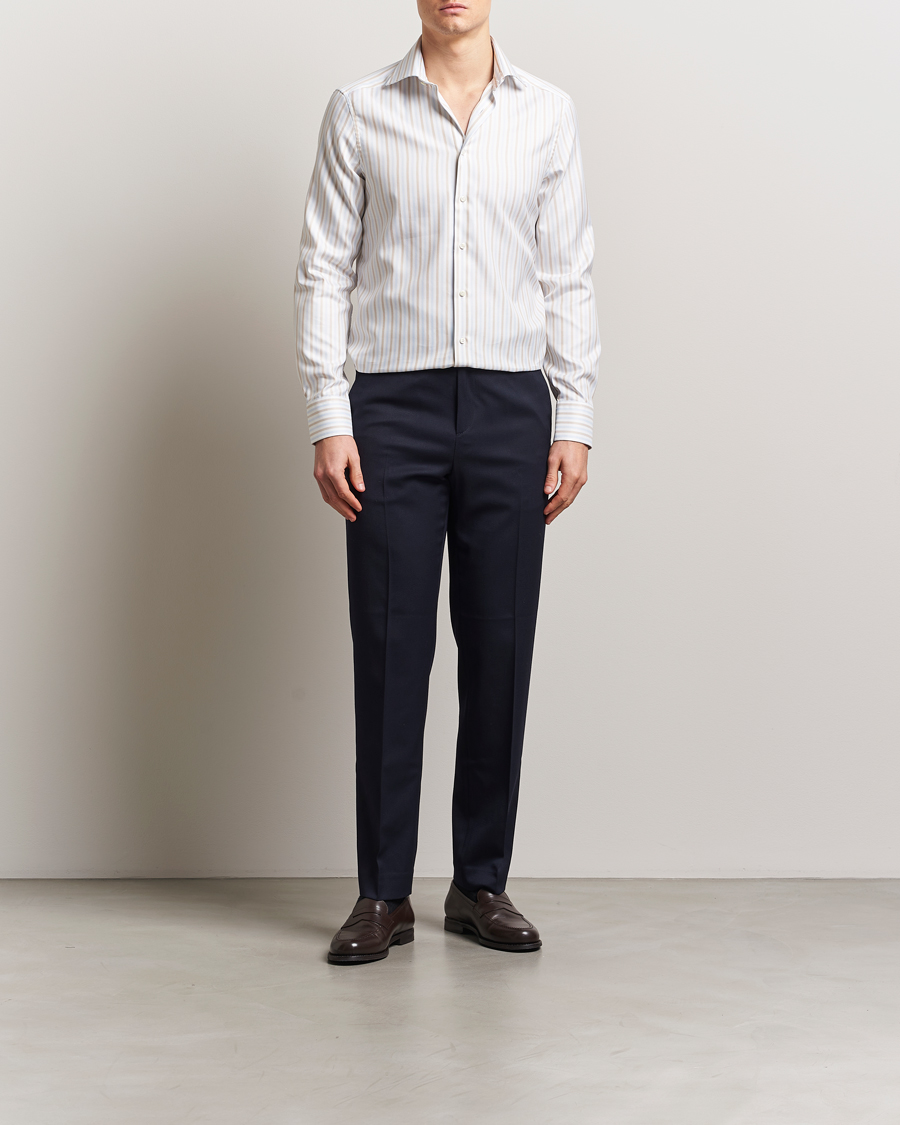 Homme | Chemises | Stenströms | Slimline Multi Striped Twill Shirt Blue/Beige