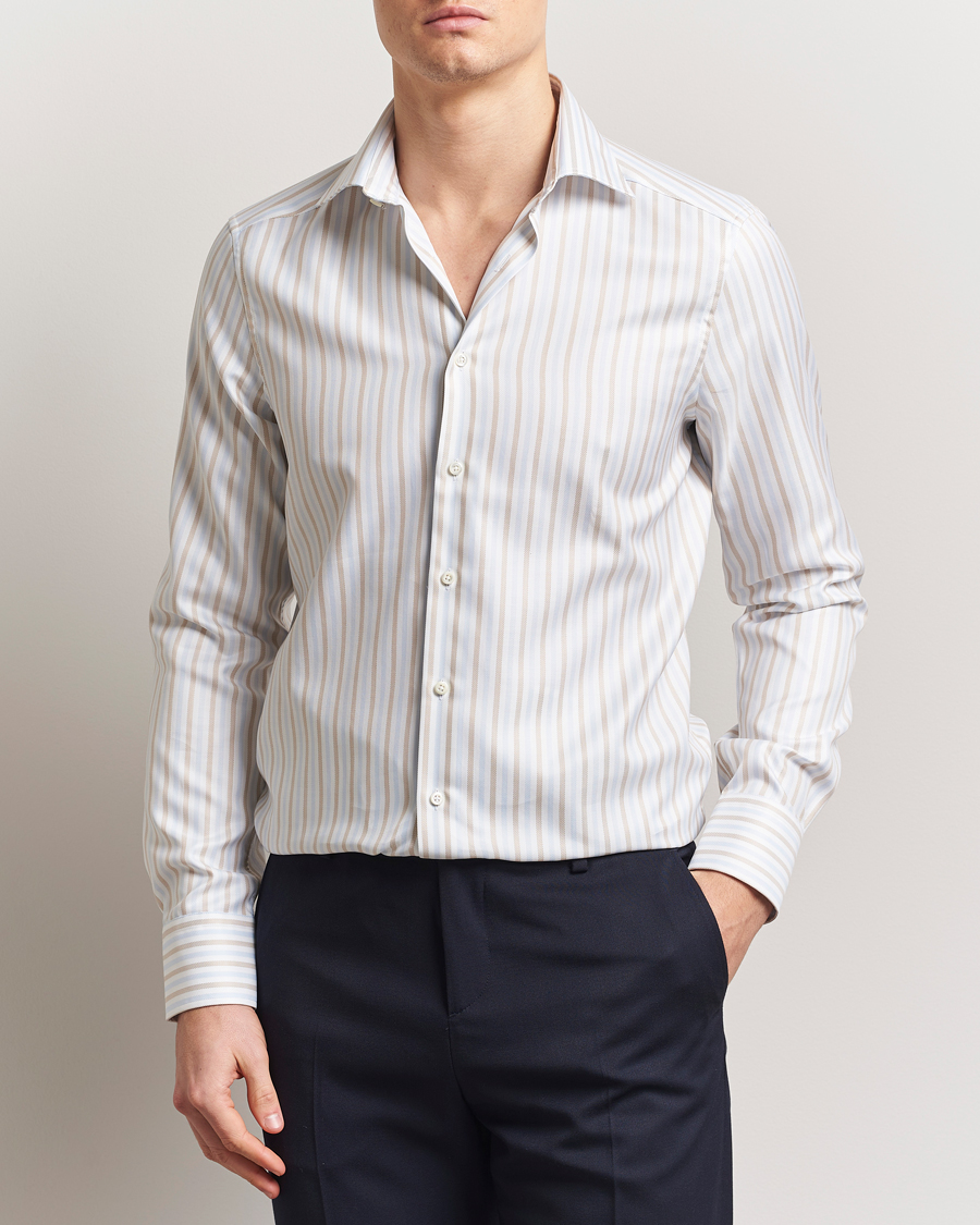 Homme | Chemises | Stenströms | Slimline Multi Striped Twill Shirt Blue/Beige