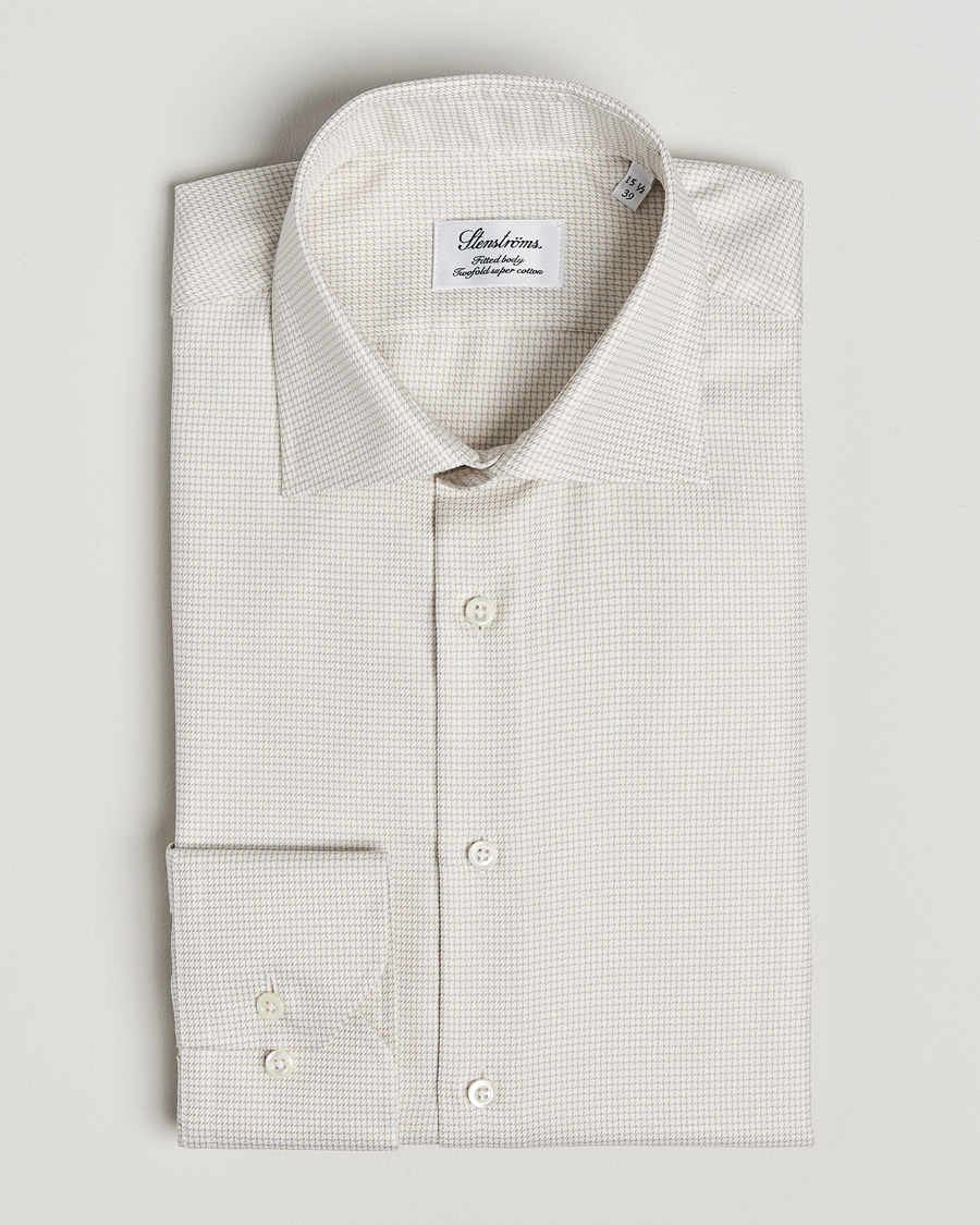 Homme | Chemises | Stenströms | Fitted Body Small Houndstooth Shirt Beige