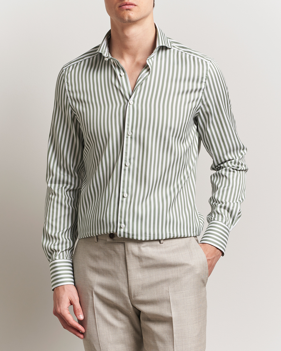 Homme | Chemises | Stenströms | 1899 Slimline Striped Cotton/Silk Shirt Green