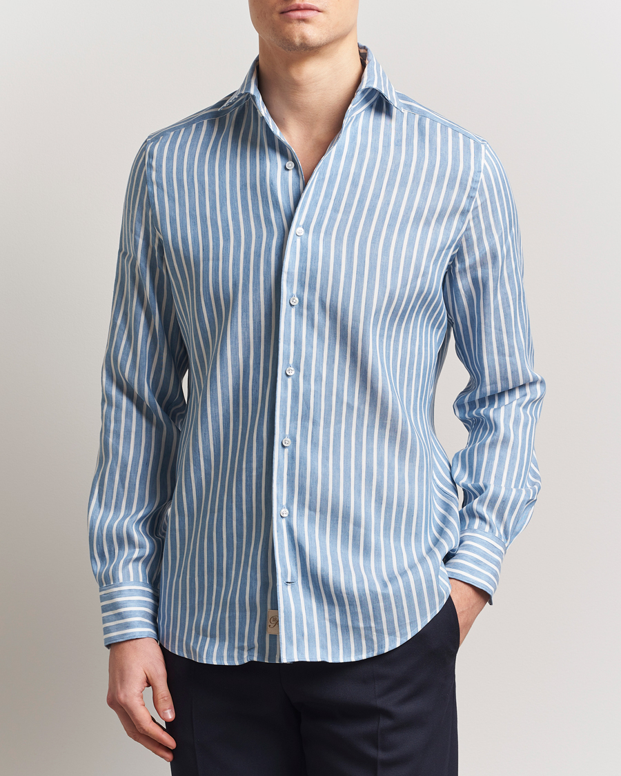 Homme | Chemises | Stenströms | 1899 Slimline Striped Linen/Lyocell Shirt Blue