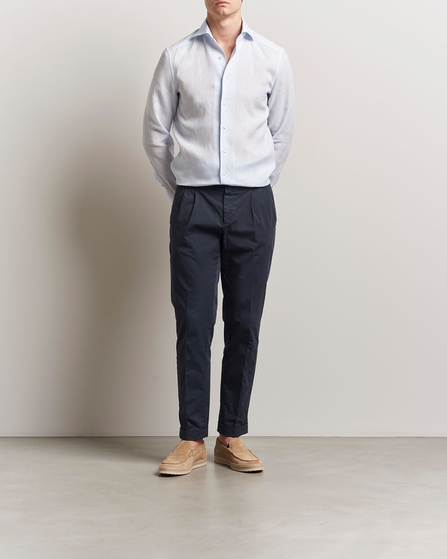 Homme | Chemises | Stenströms | 1899 Slimline Linen One Piece Collar Shirt Blue