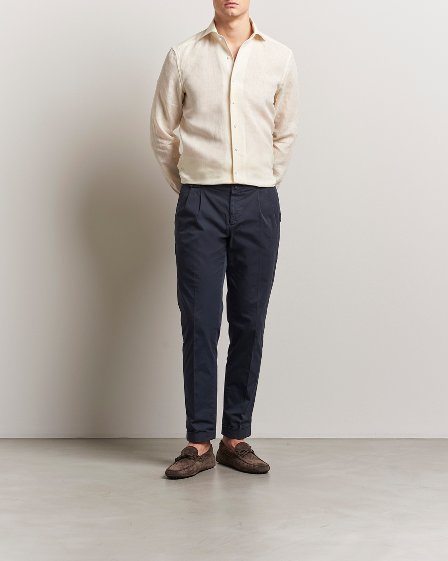 Homme | Chemises | Stenströms | 1899 Slimline Linen One Piece Collar Shirt Yellow