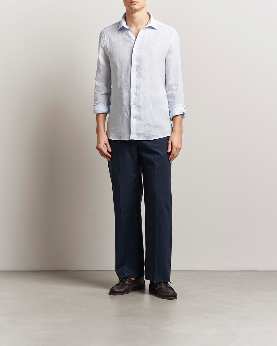 Homme | Chemises | Stenströms | Slimline Cut Away Linen Shirt Light Blue