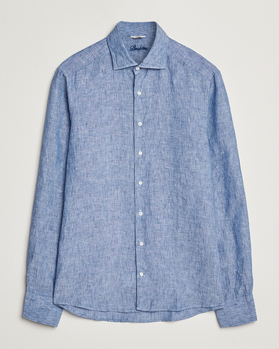Homme | Chemises | Stenströms | Slimline Cut Away Linen Shirt Mid Blue