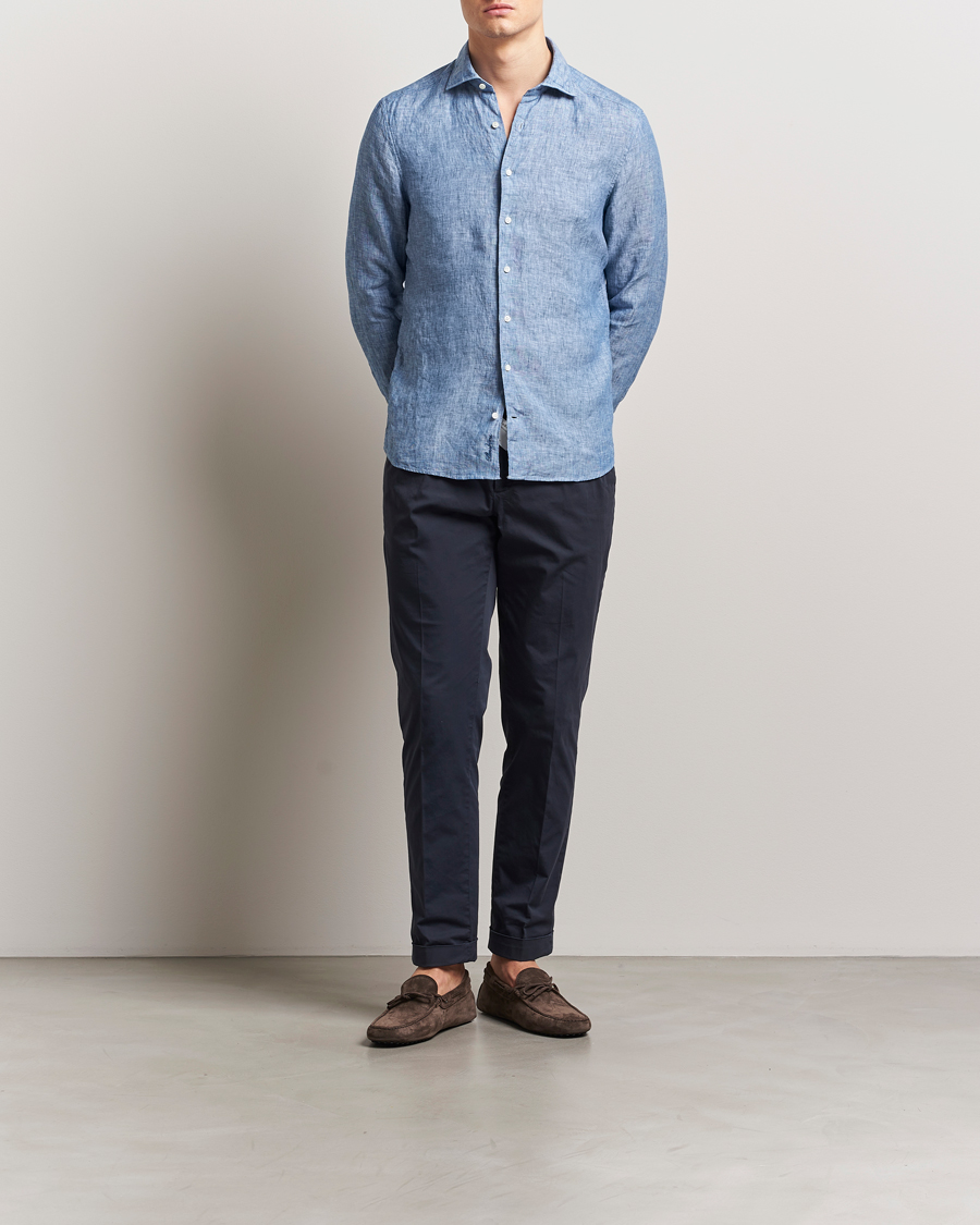 Homme | Chemises | Stenströms | Slimline Cut Away Linen Shirt Mid Blue
