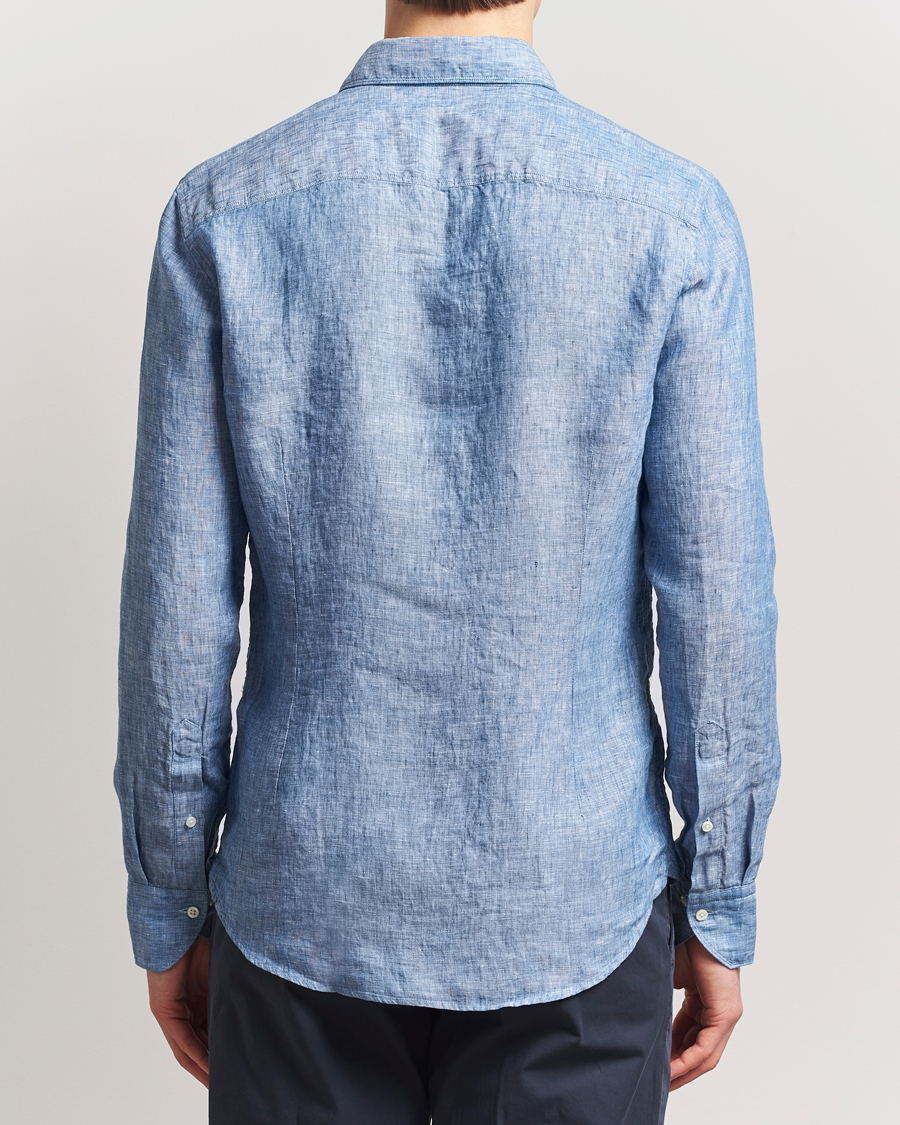 Homme | Chemises | Stenströms | Slimline Cut Away Linen Shirt Mid Blue