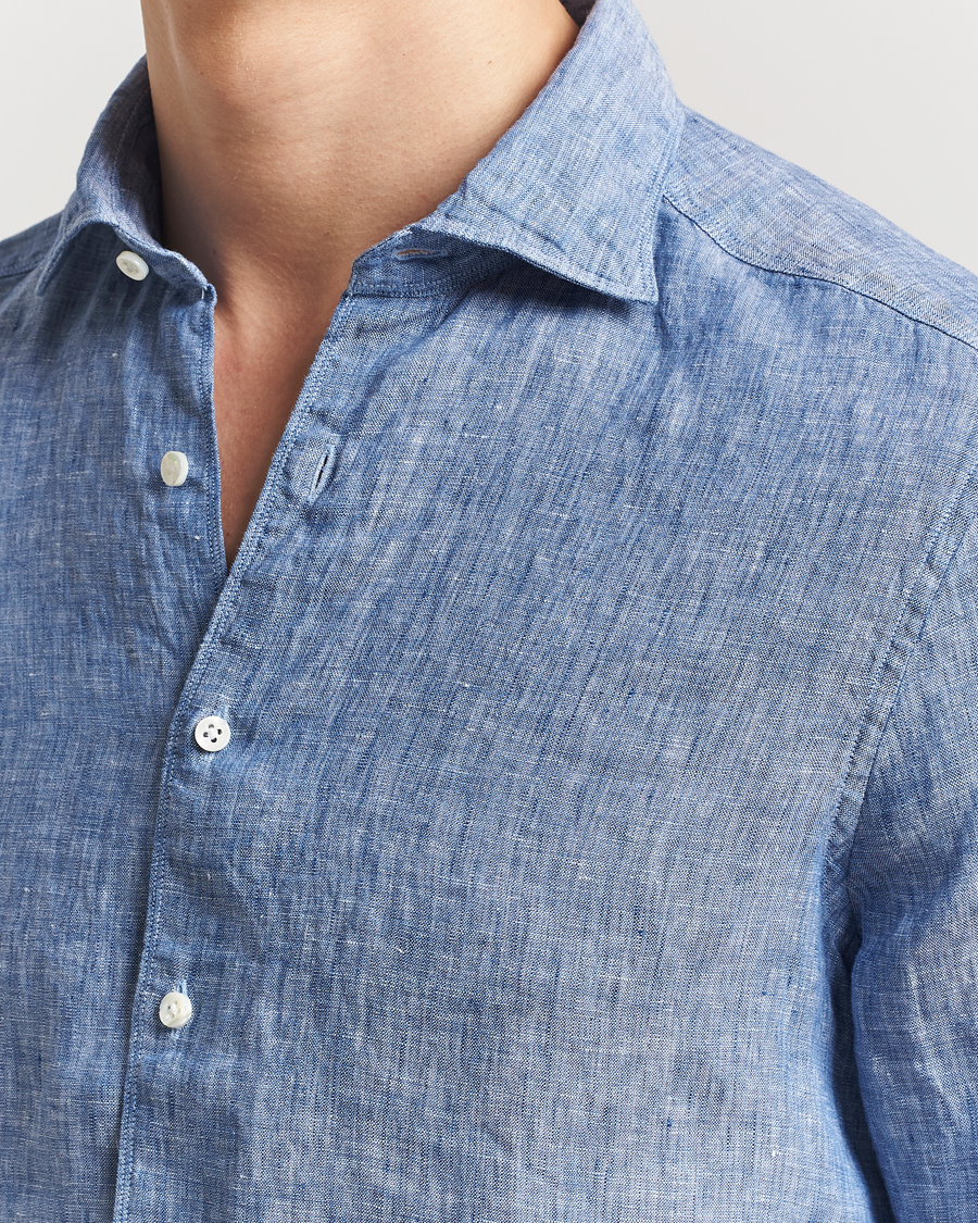 Homme | Chemises | Stenströms | Slimline Cut Away Linen Shirt Mid Blue