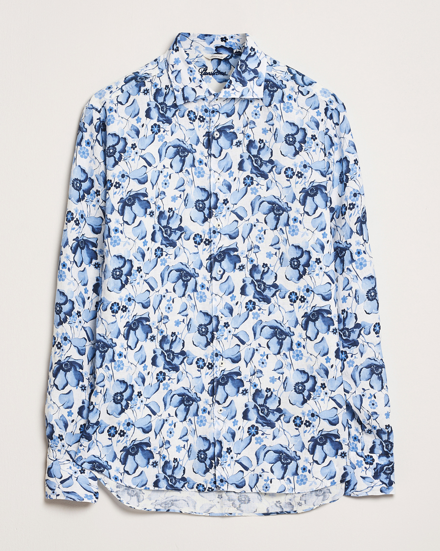 Homme | Chemises | Stenströms | Fitted Body Flower Printed Linen Shirt Blue