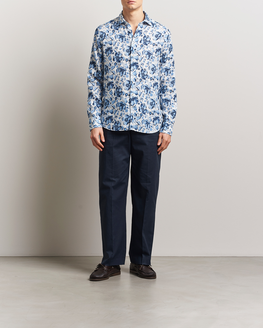 Homme | Chemises | Stenströms | Fitted Body Flower Printed Linen Shirt Blue