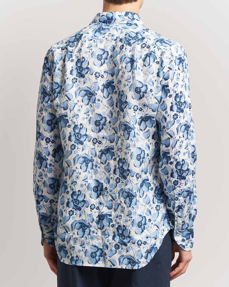 Homme | Chemises | Stenströms | Fitted Body Flower Printed Linen Shirt Blue