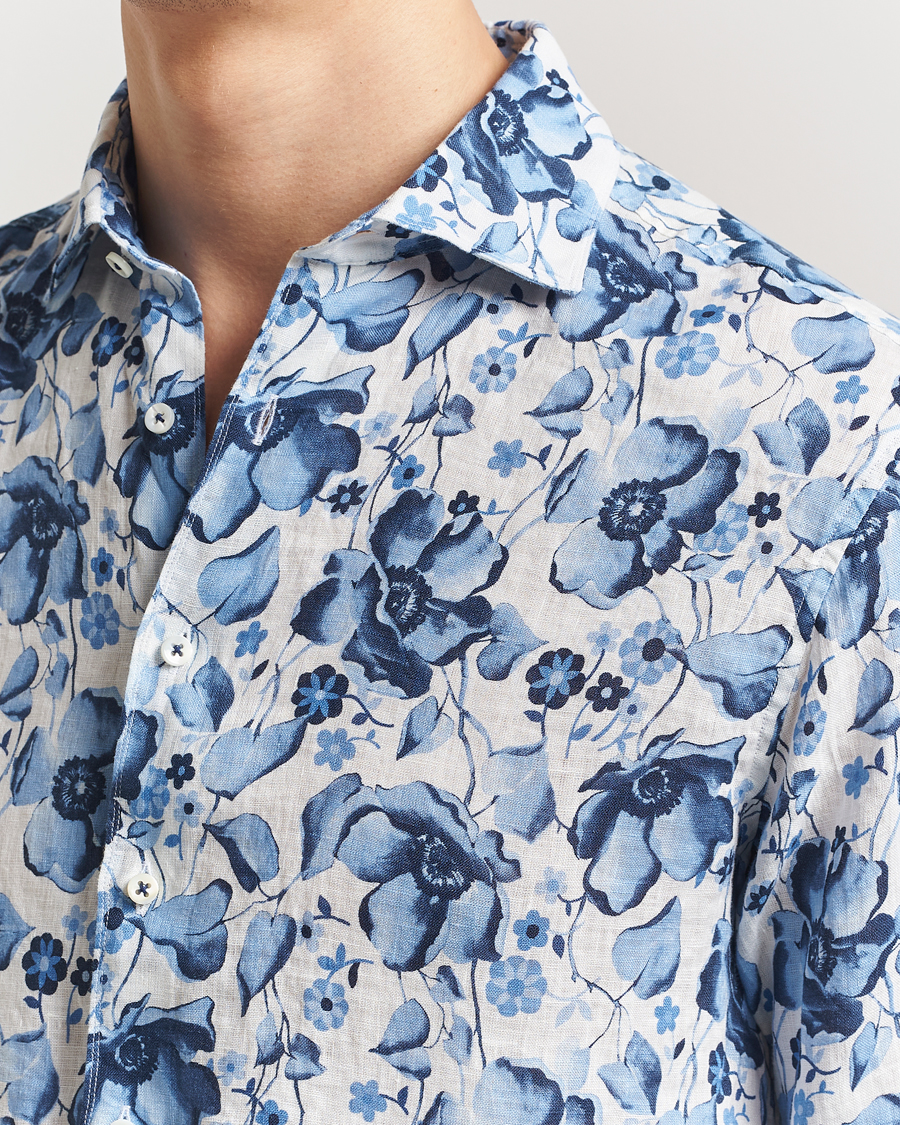 Homme | Chemises | Stenströms | Fitted Body Flower Printed Linen Shirt Blue