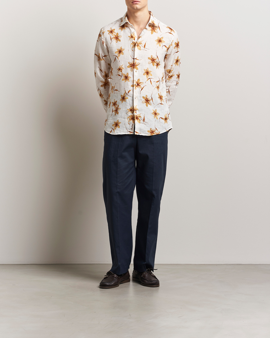 Homme | Chemises | Stenströms | Fitted Body Flower Printed Linen Shirt White