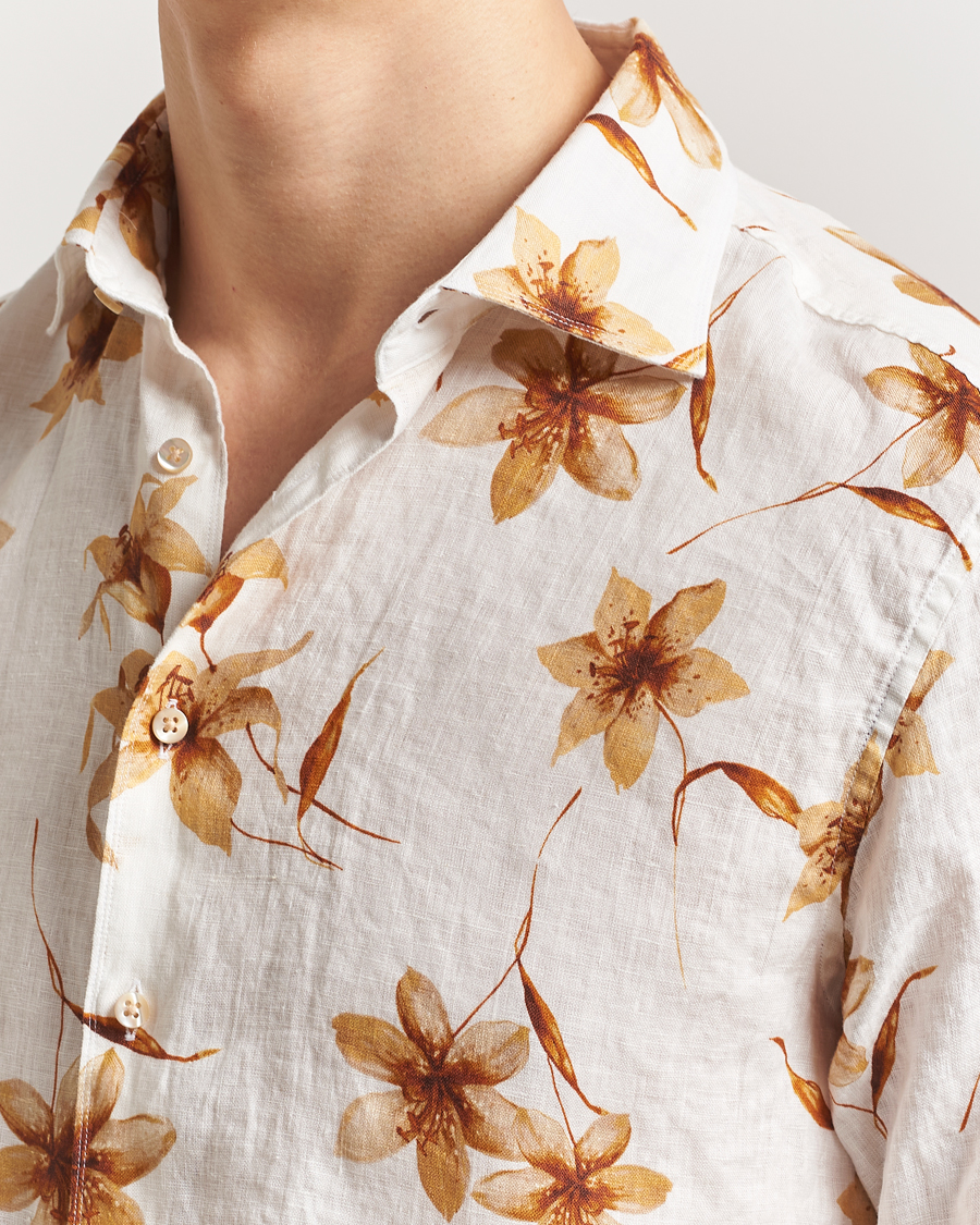 Homme | Chemises | Stenströms | Fitted Body Flower Printed Linen Shirt White