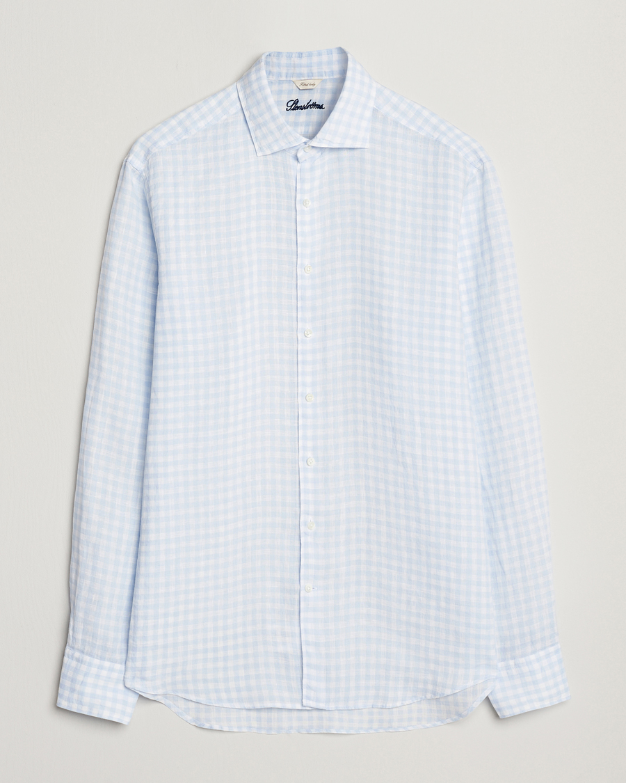 Homme | Chemises | Stenströms | Fitted Body Checked Linen Shirt Blue