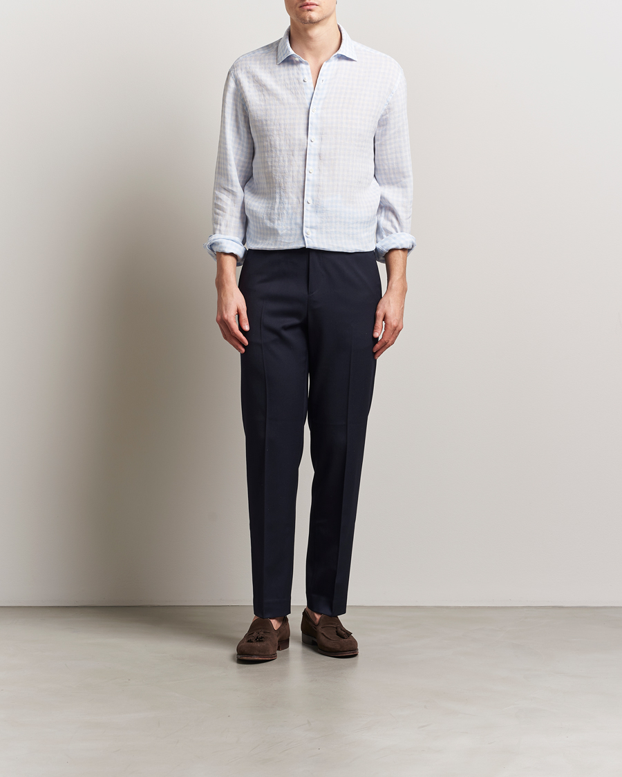 Homme | Chemises | Stenströms | Fitted Body Checked Linen Shirt Blue