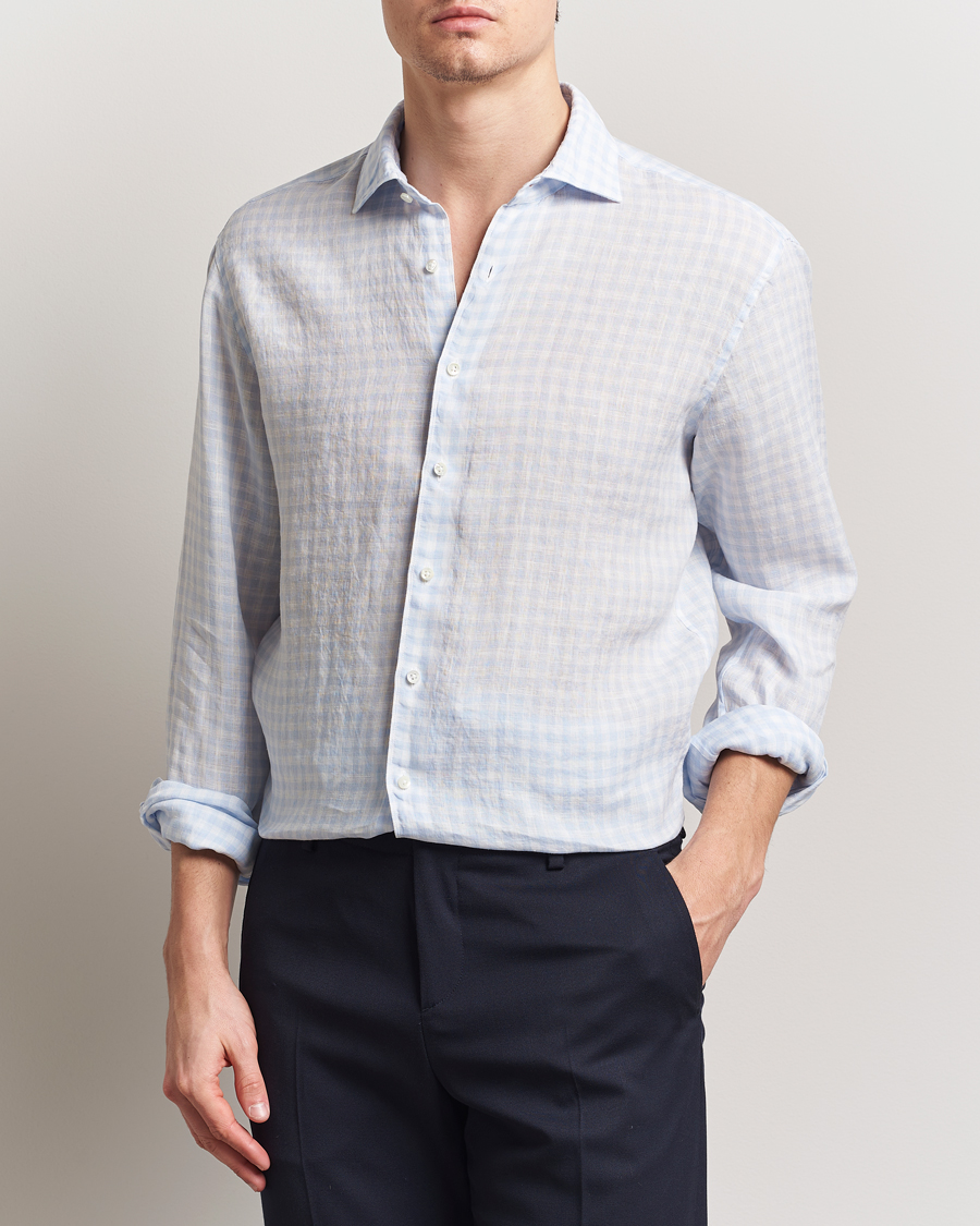 Homme | Chemises | Stenströms | Fitted Body Checked Linen Shirt Blue
