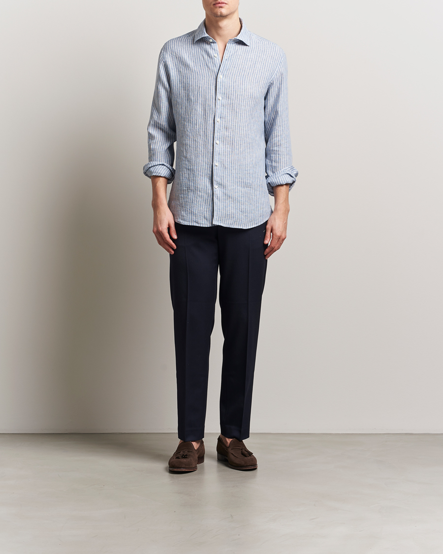 Homme | Chemises | Stenströms | Fitted Body Striped Linen Shirt Blue