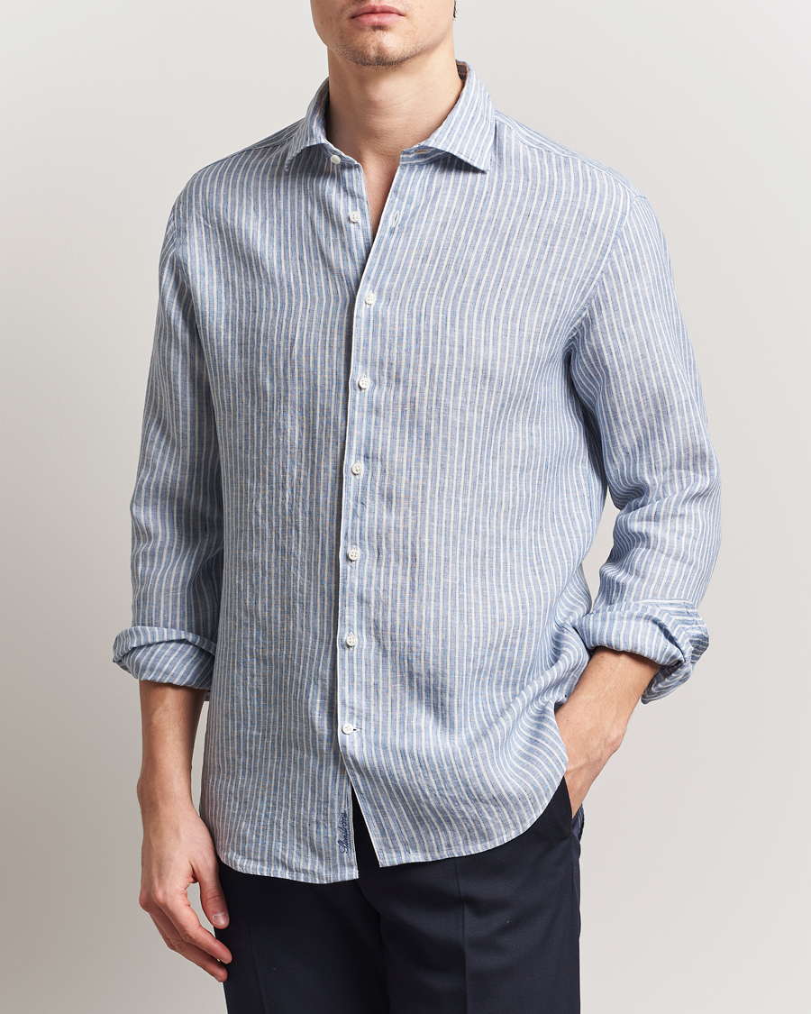 Homme | Chemises | Stenströms | Fitted Body Striped Linen Shirt Blue