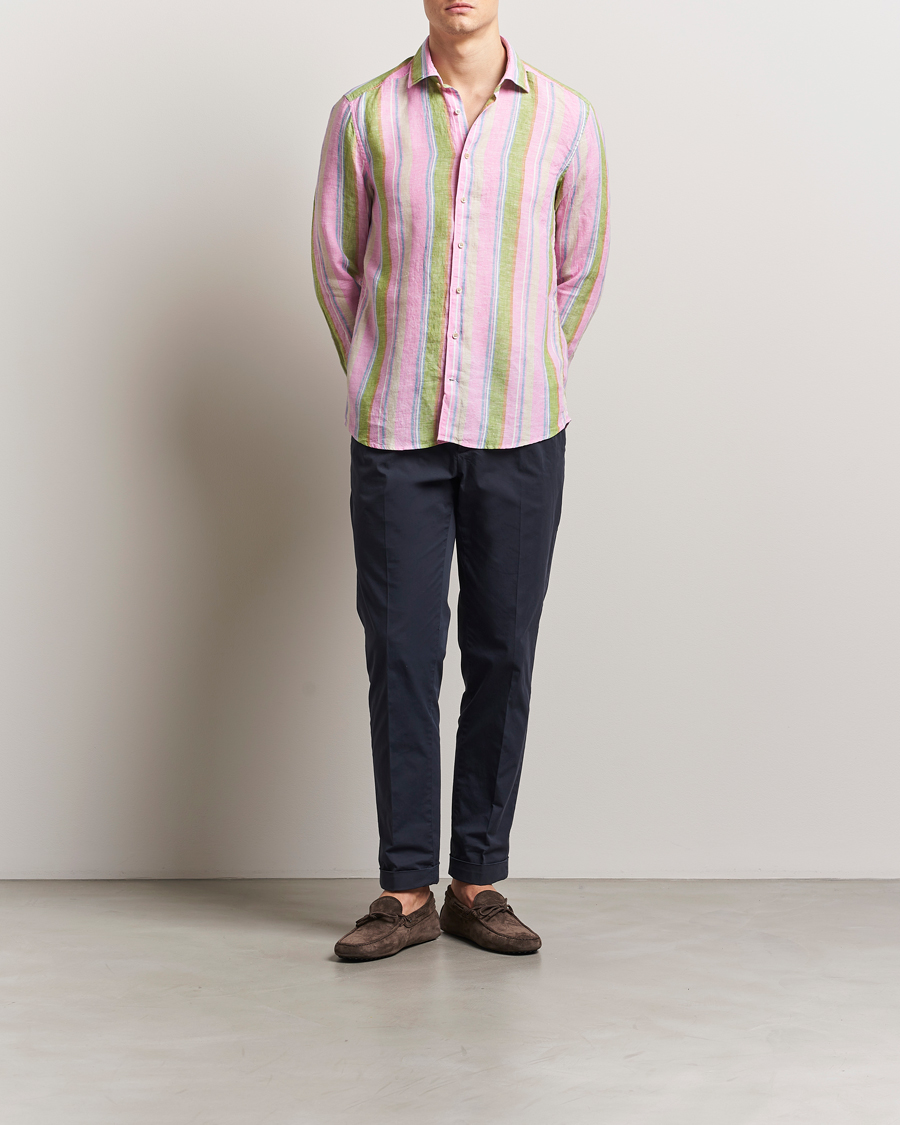Homme | Chemises | Stenströms | Slimline Multi Striped Linen Shirt Pink